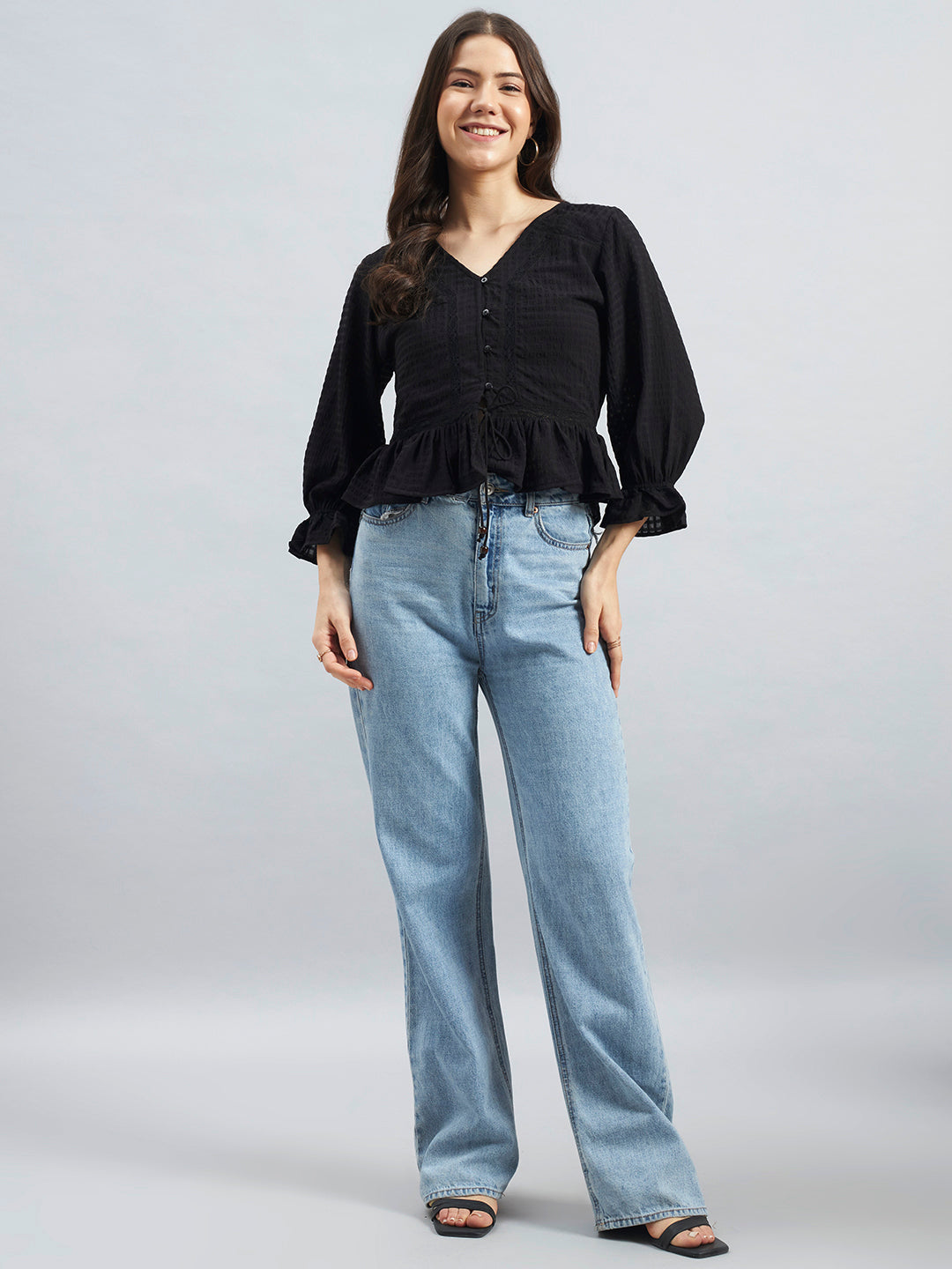 Black Textured Poly Crepe Peplum Top