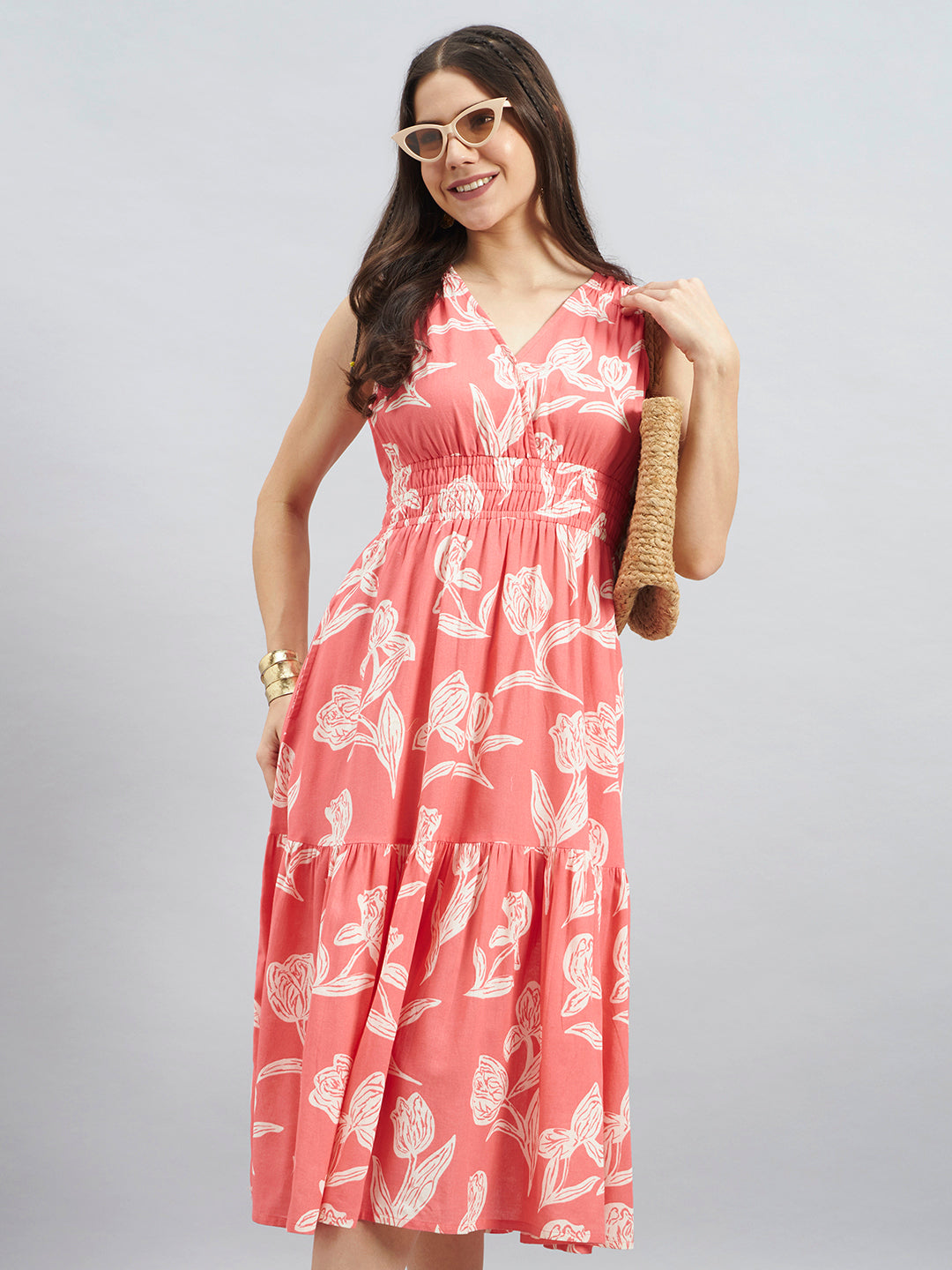 Coral Floral Printed Sleeveless Cotton Midi Dress
