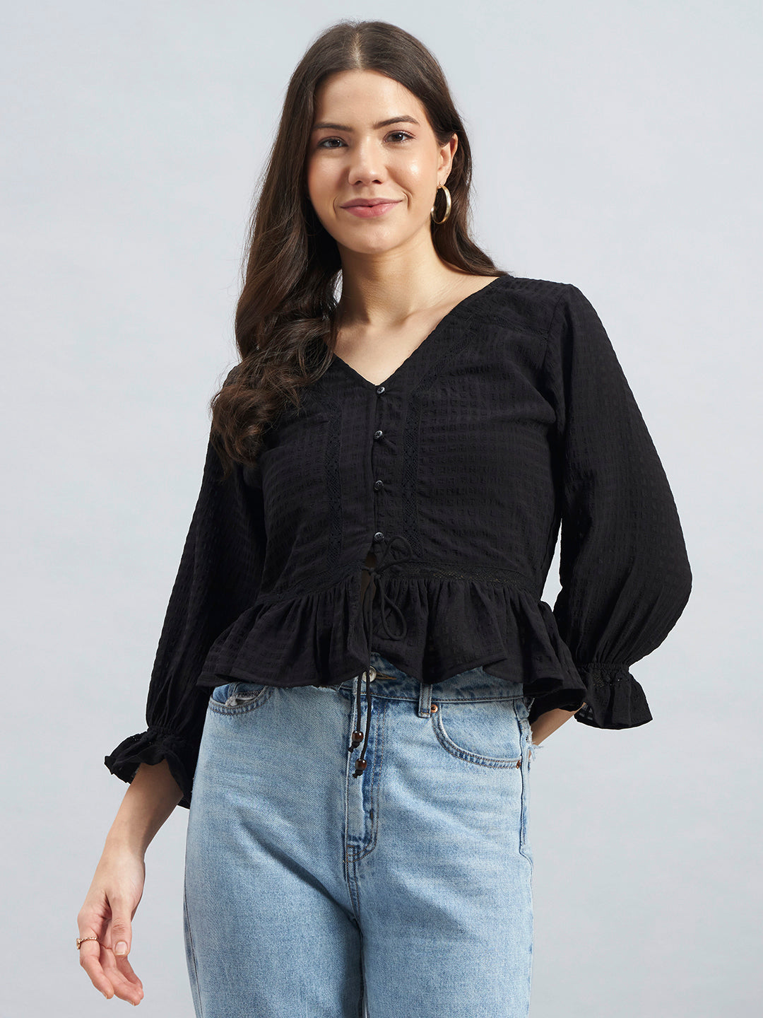 Black Textured Poly Crepe Peplum Top