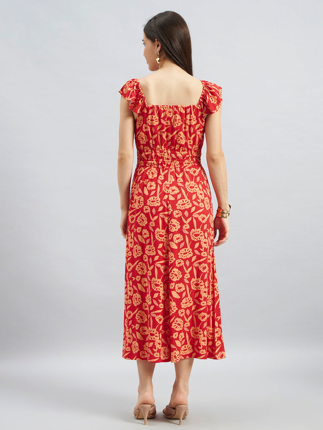 Red Floral Printed Viscose Sleeveless Midi Dress