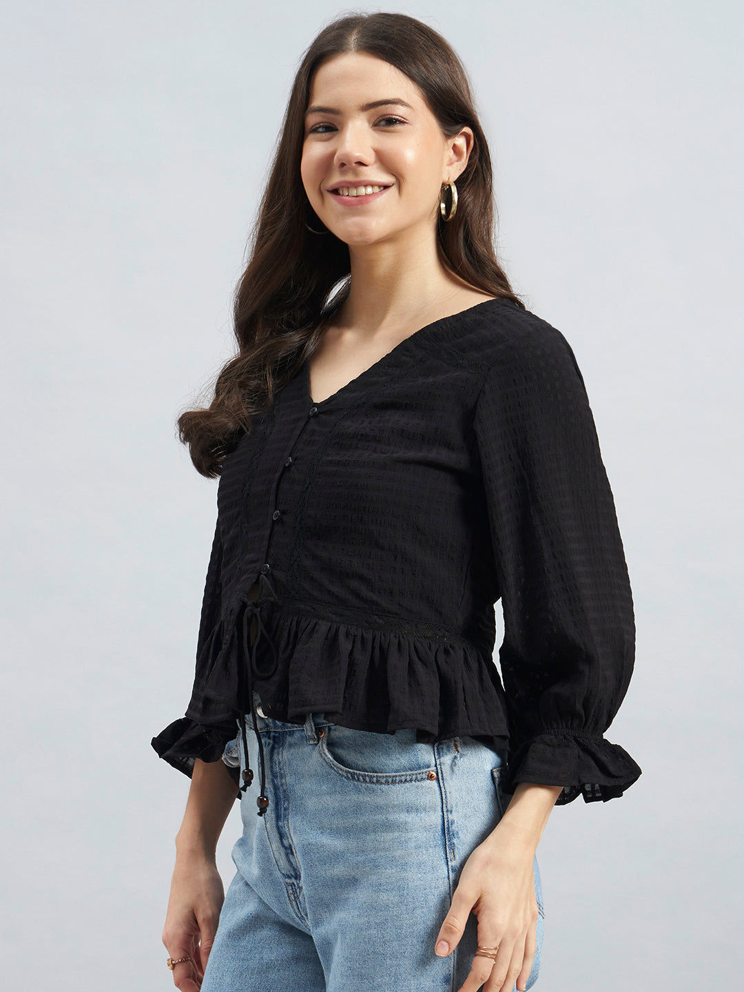 Black Textured Poly Crepe Peplum Top