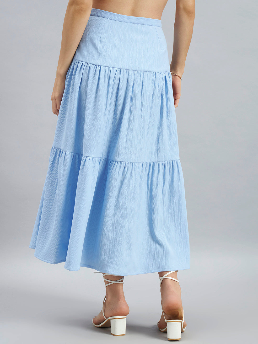 Sky Blue Solid Poly Lycra Tiered Midi Skirt