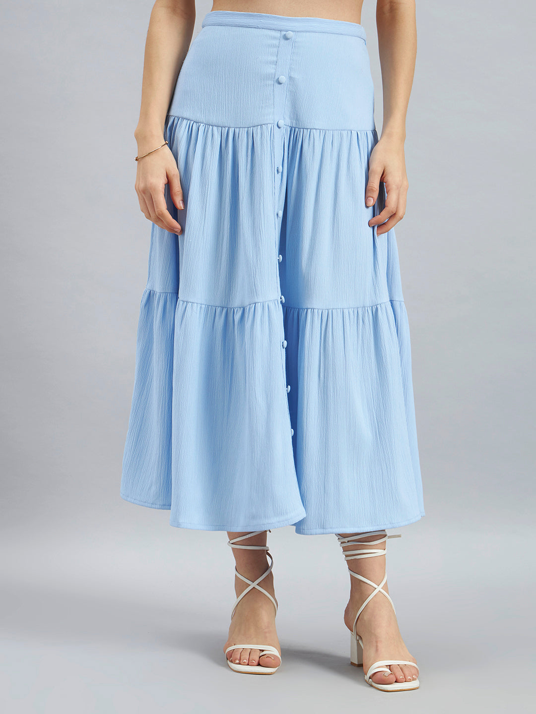 Sky Blue Solid Poly Lycra Tiered Midi Skirt