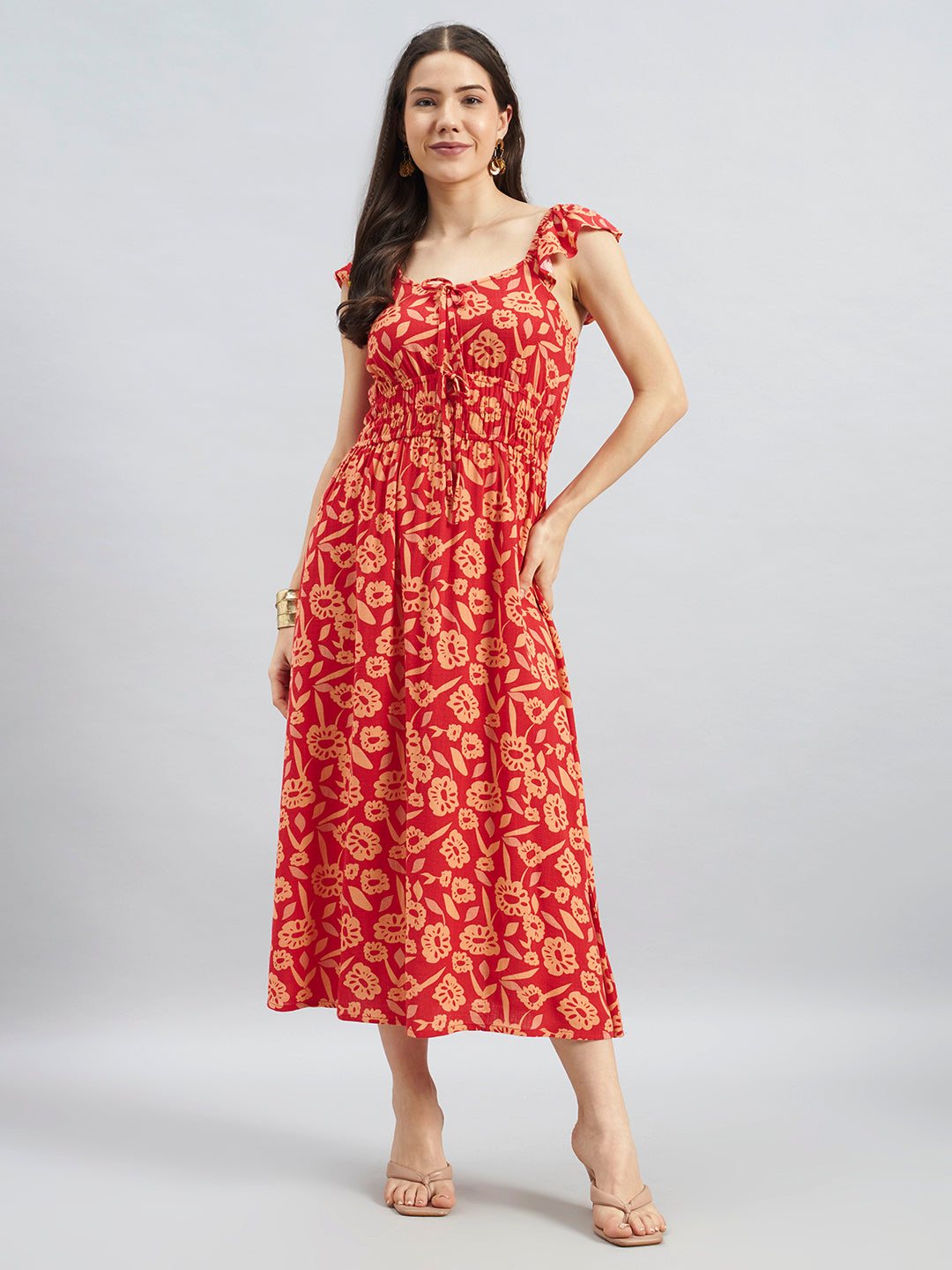 Red Floral Printed Viscose Sleeveless Midi Dress