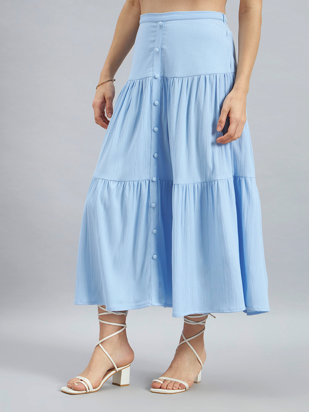 Sky Blue Solid Poly Lycra Tiered Midi Skirt