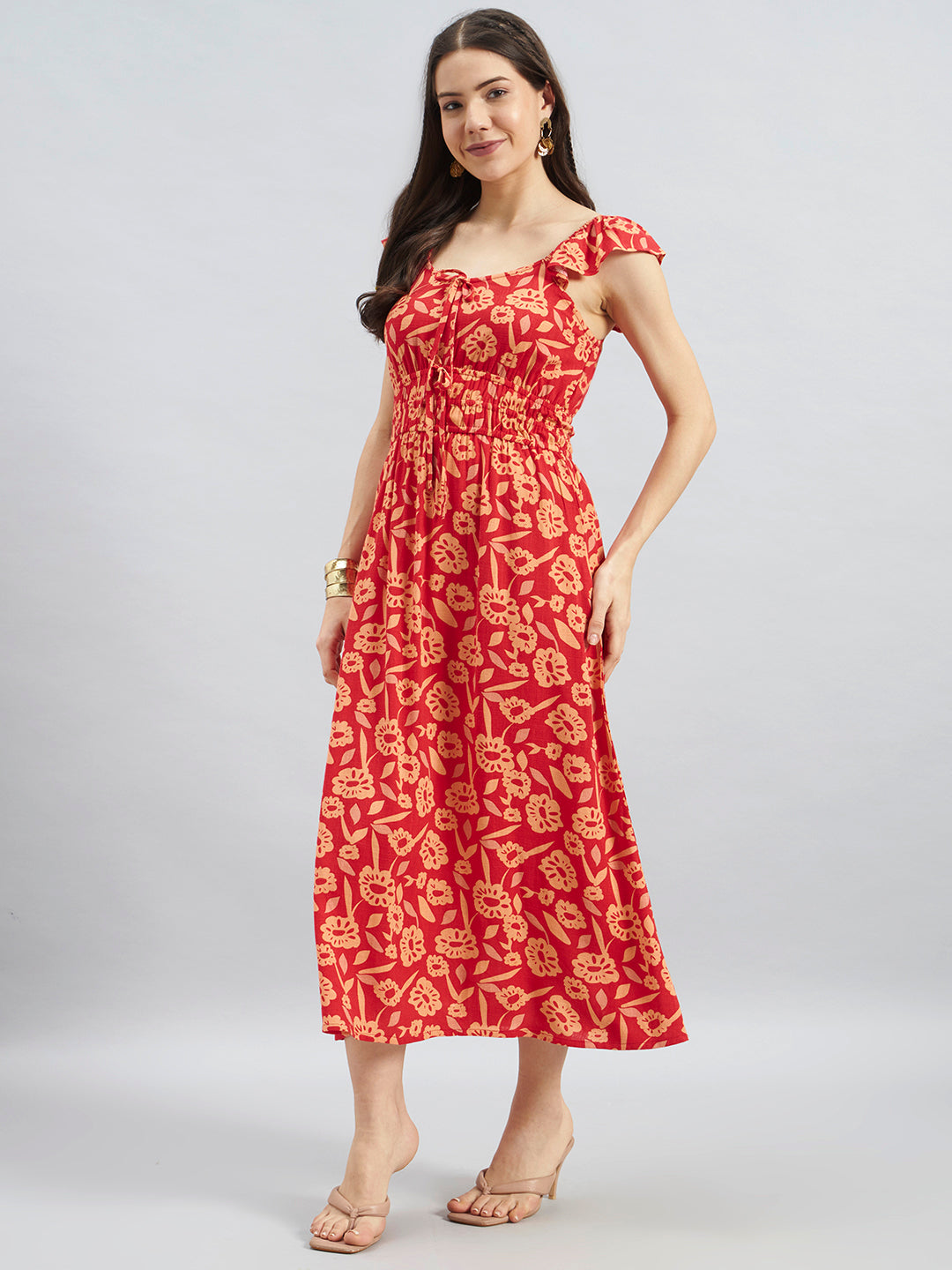 Red Floral Printed Viscose Sleeveless Midi Dress