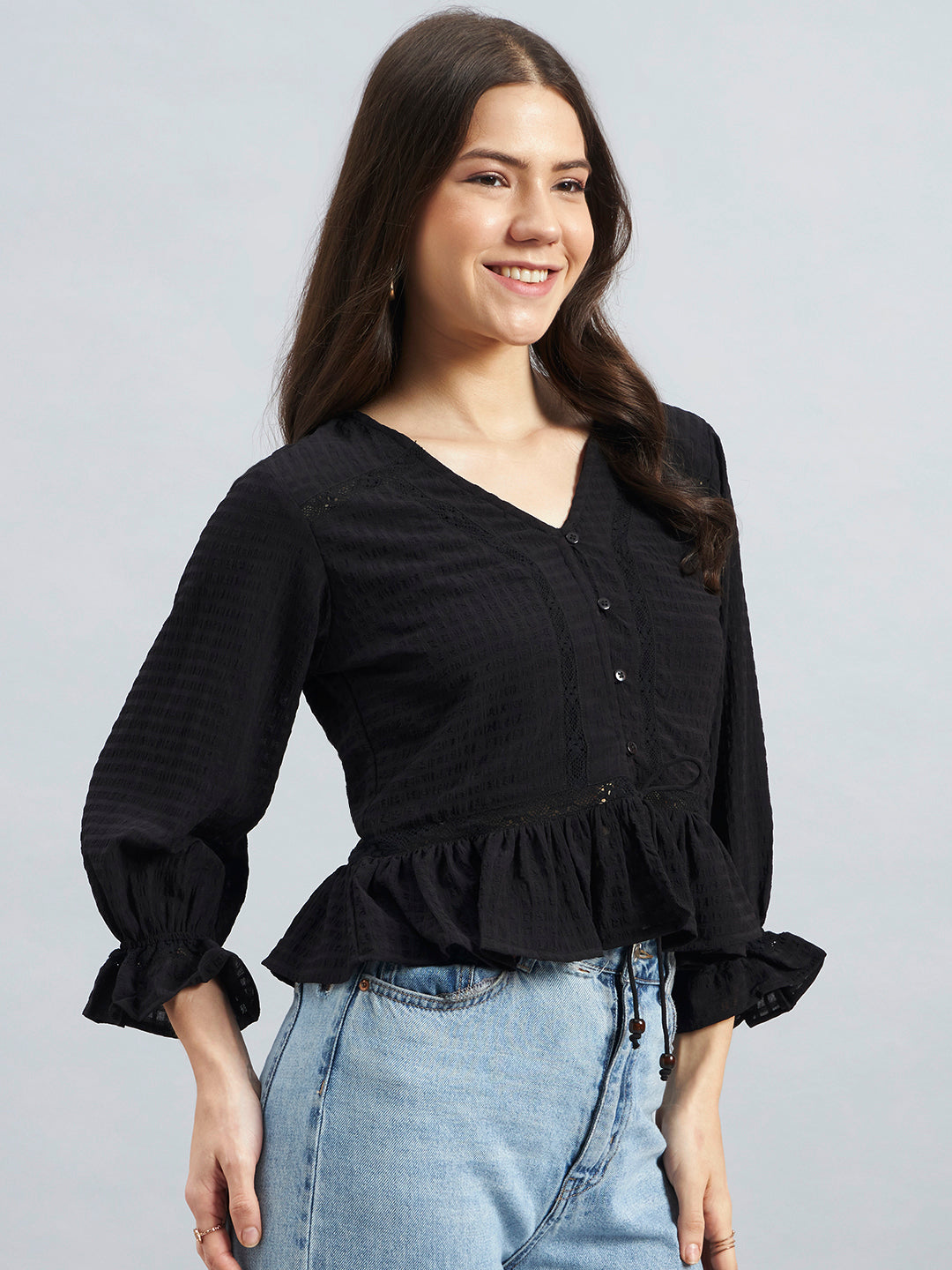 Black Textured Poly Crepe Peplum Top