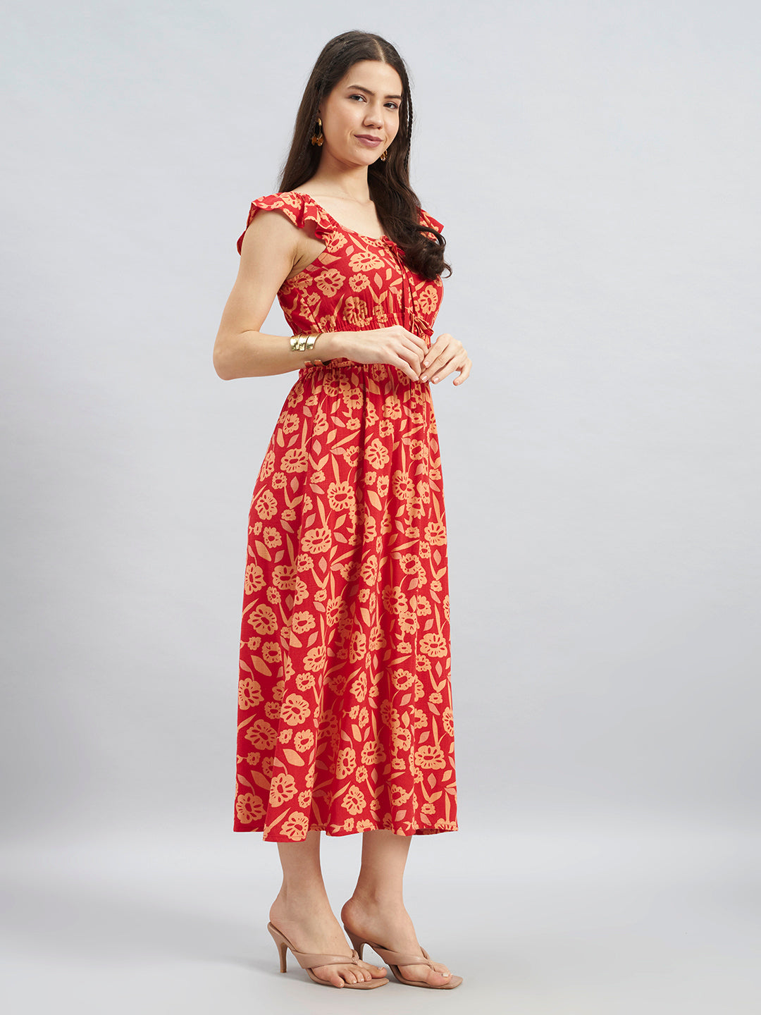 Red Floral Printed Viscose Sleeveless Midi Dress