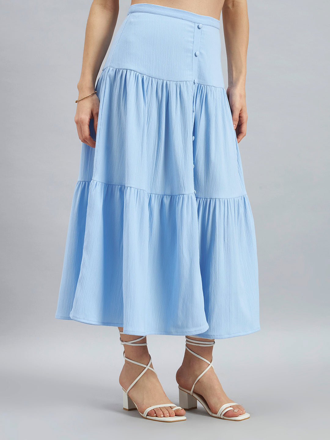 Sky Blue Solid Poly Lycra Tiered Midi Skirt