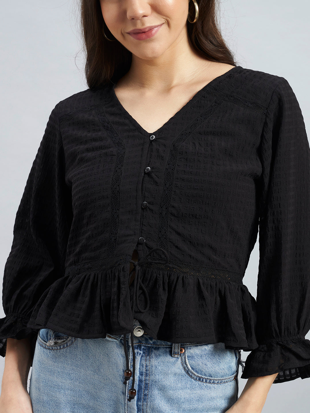Black Textured Poly Crepe Peplum Top