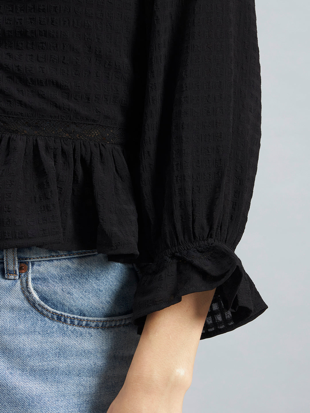 Black Textured Poly Crepe Peplum Top