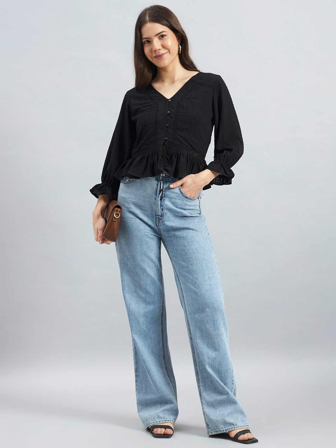 Black Textured Poly Crepe Peplum Top
