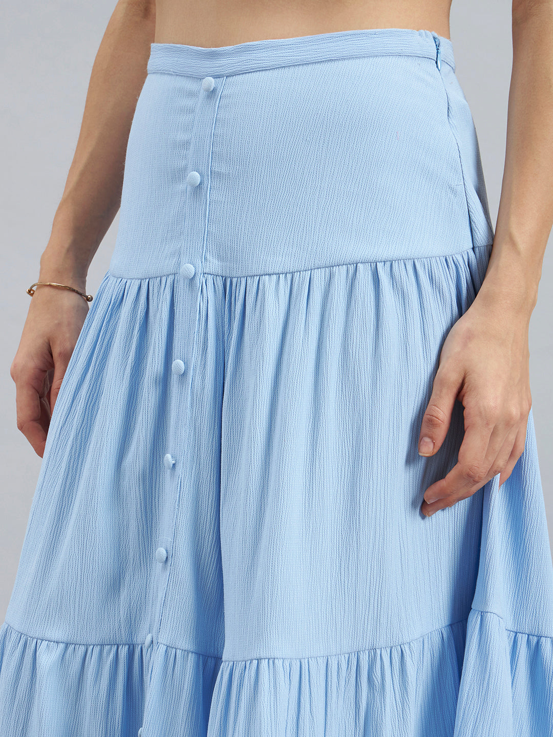 Sky Blue Solid Poly Lycra Tiered Midi Skirt