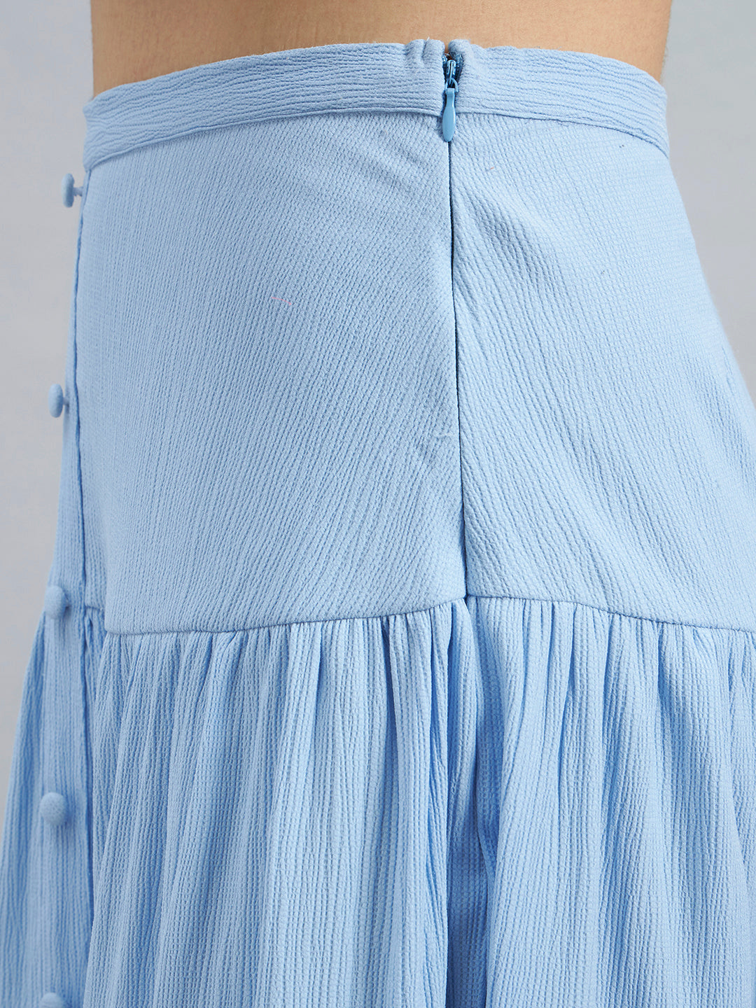 Sky Blue Solid Poly Lycra Tiered Midi Skirt