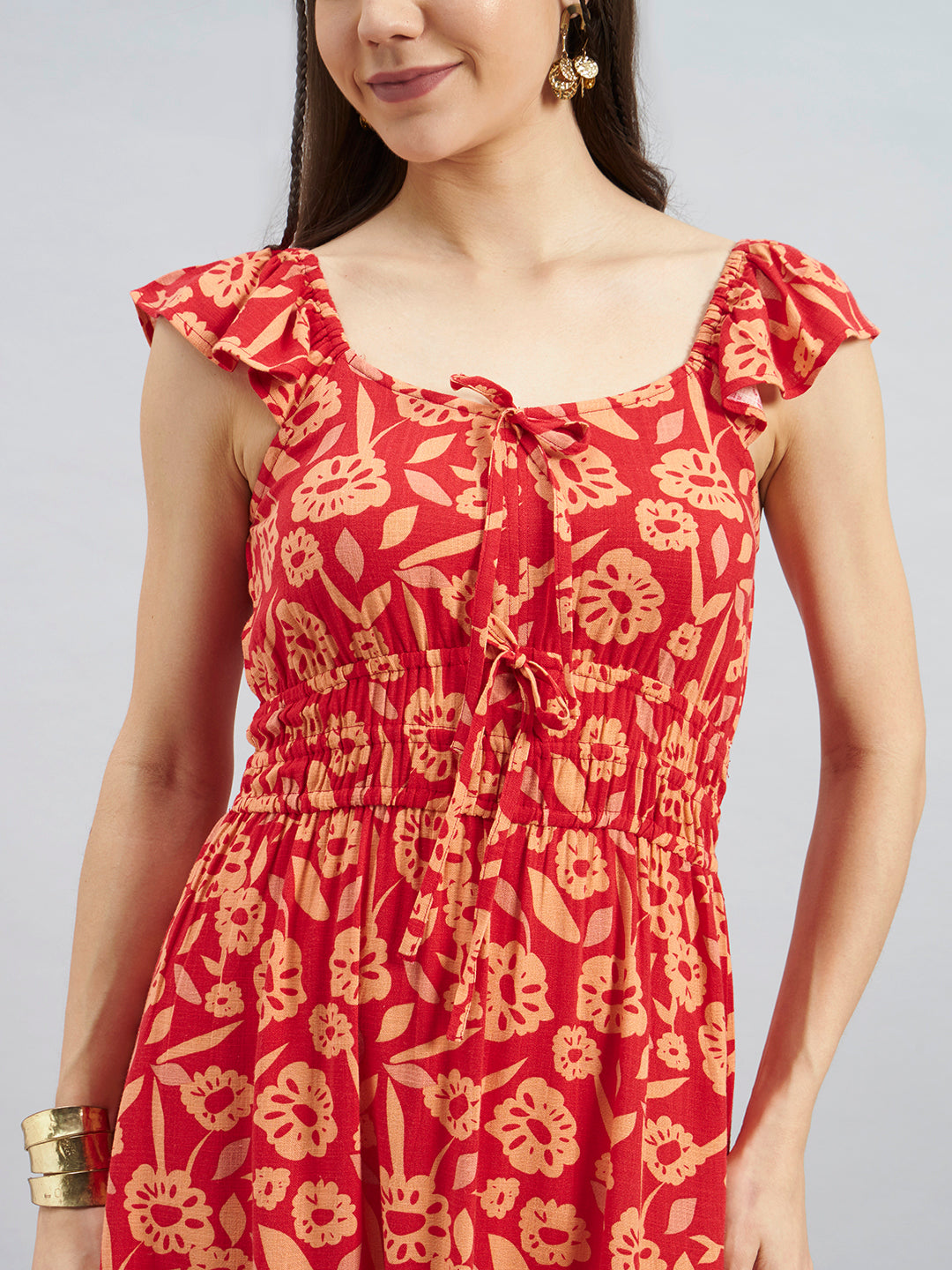 Red Floral Printed Viscose Sleeveless Midi Dress
