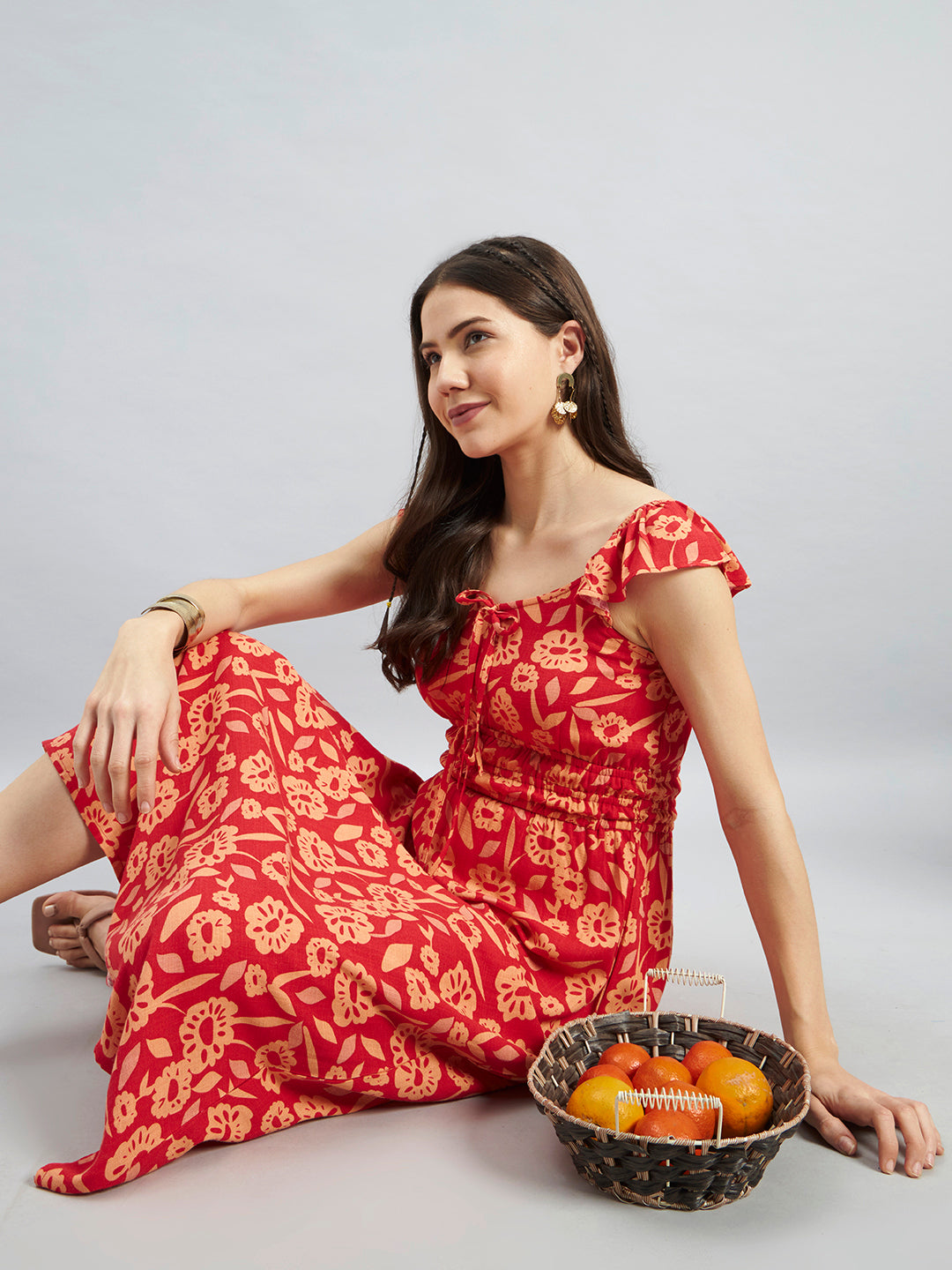 Red Floral Printed Viscose Sleeveless Midi Dress