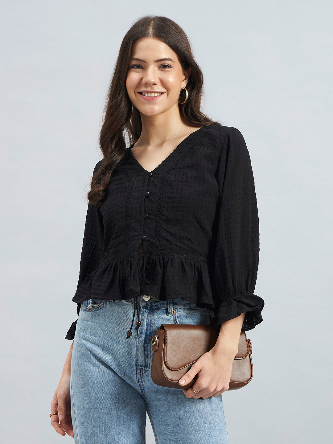 Black Textured Poly Crepe Peplum Top