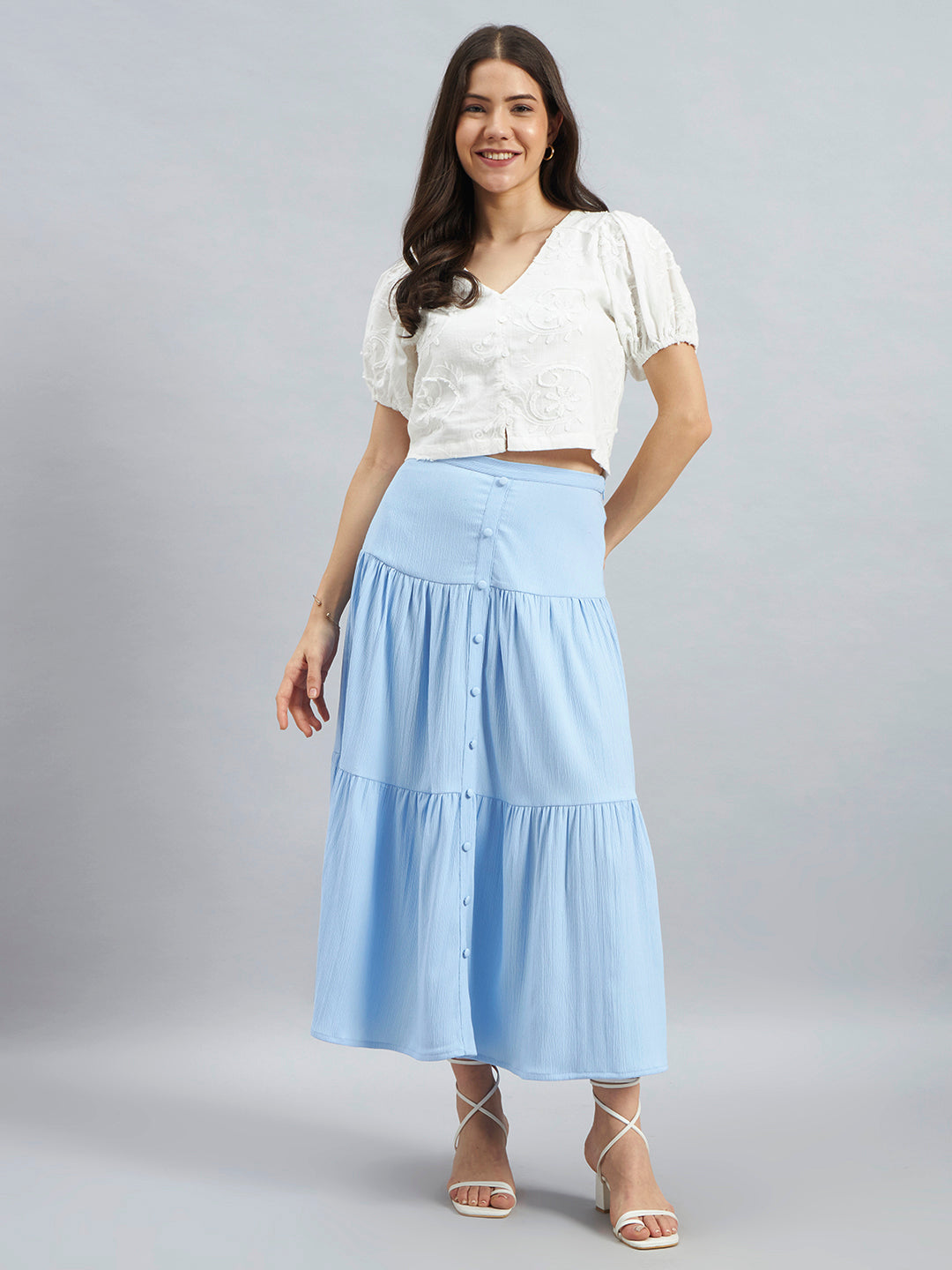 Sky Blue Solid Poly Lycra Tiered Midi Skirt