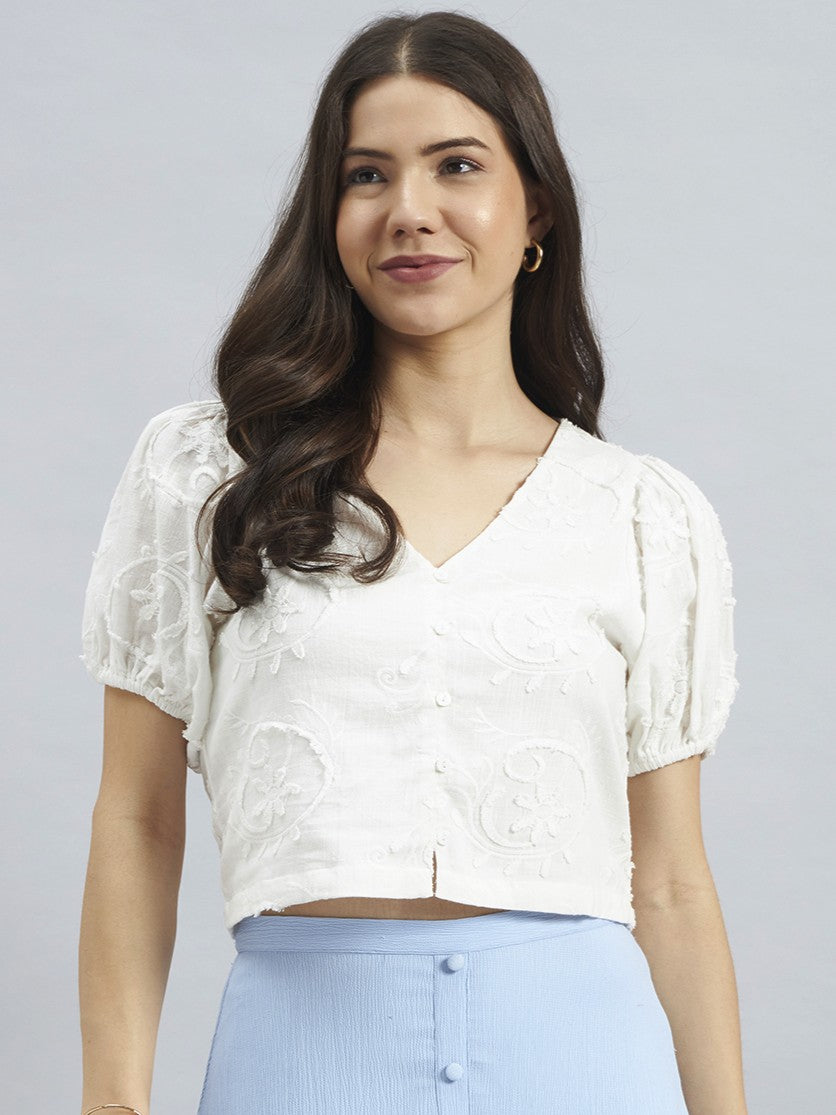 White Cotton Embroidered Crop Top
