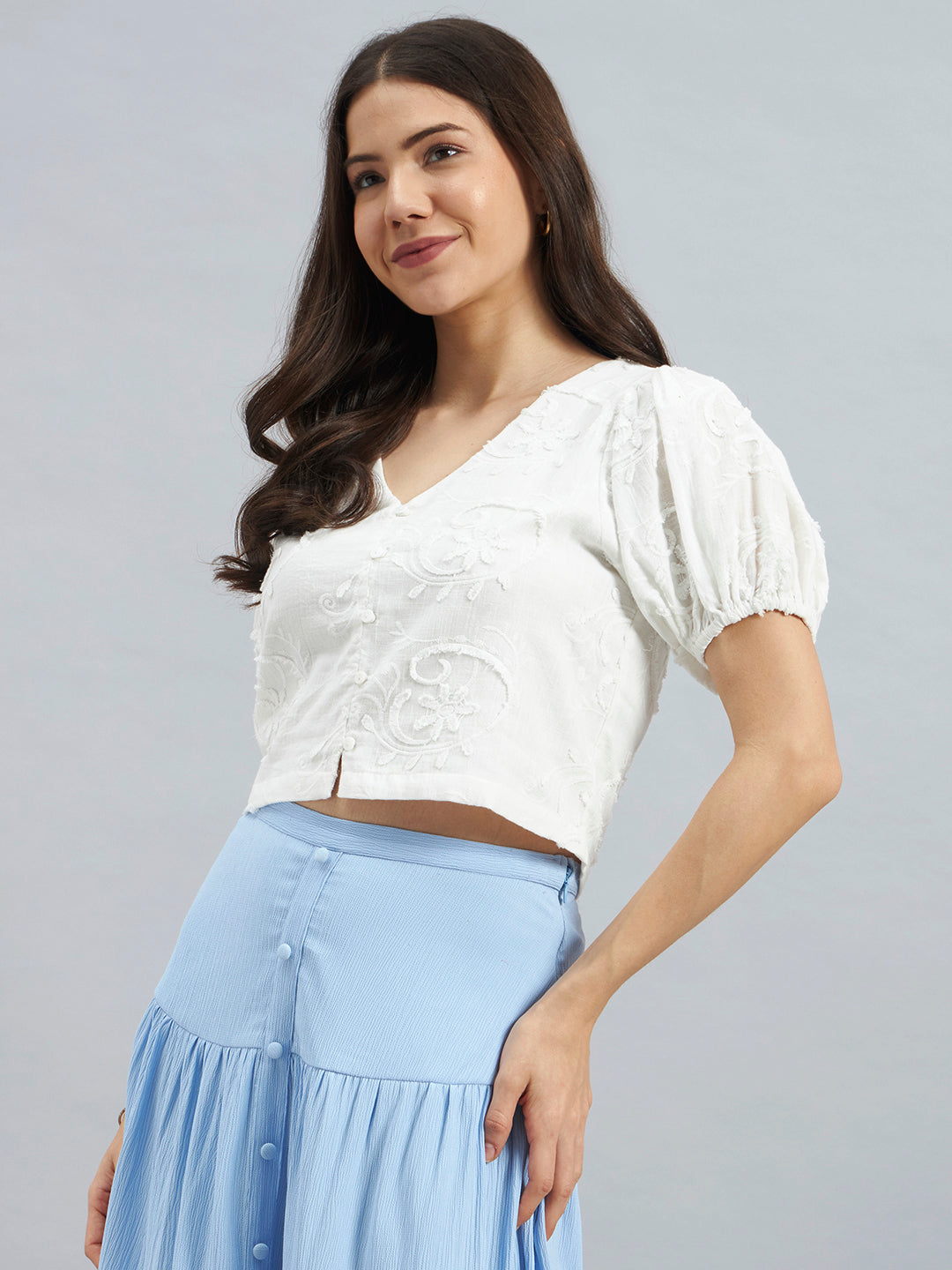 White Cotton Embroidered Crop Top