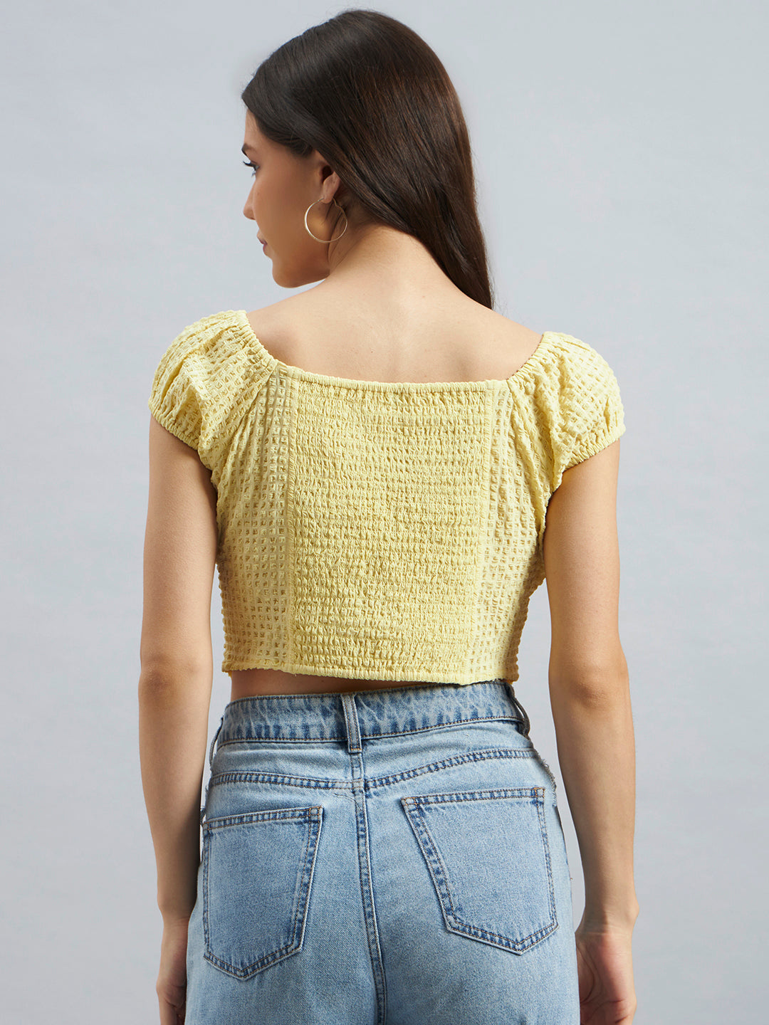 Yellow Smocked Square-Neck Crop Top in Poly Crepe