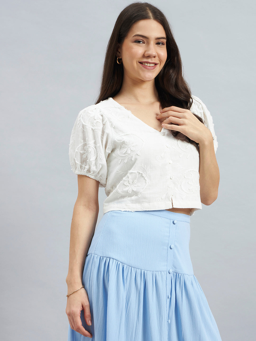 White Cotton Embroidered Crop Top