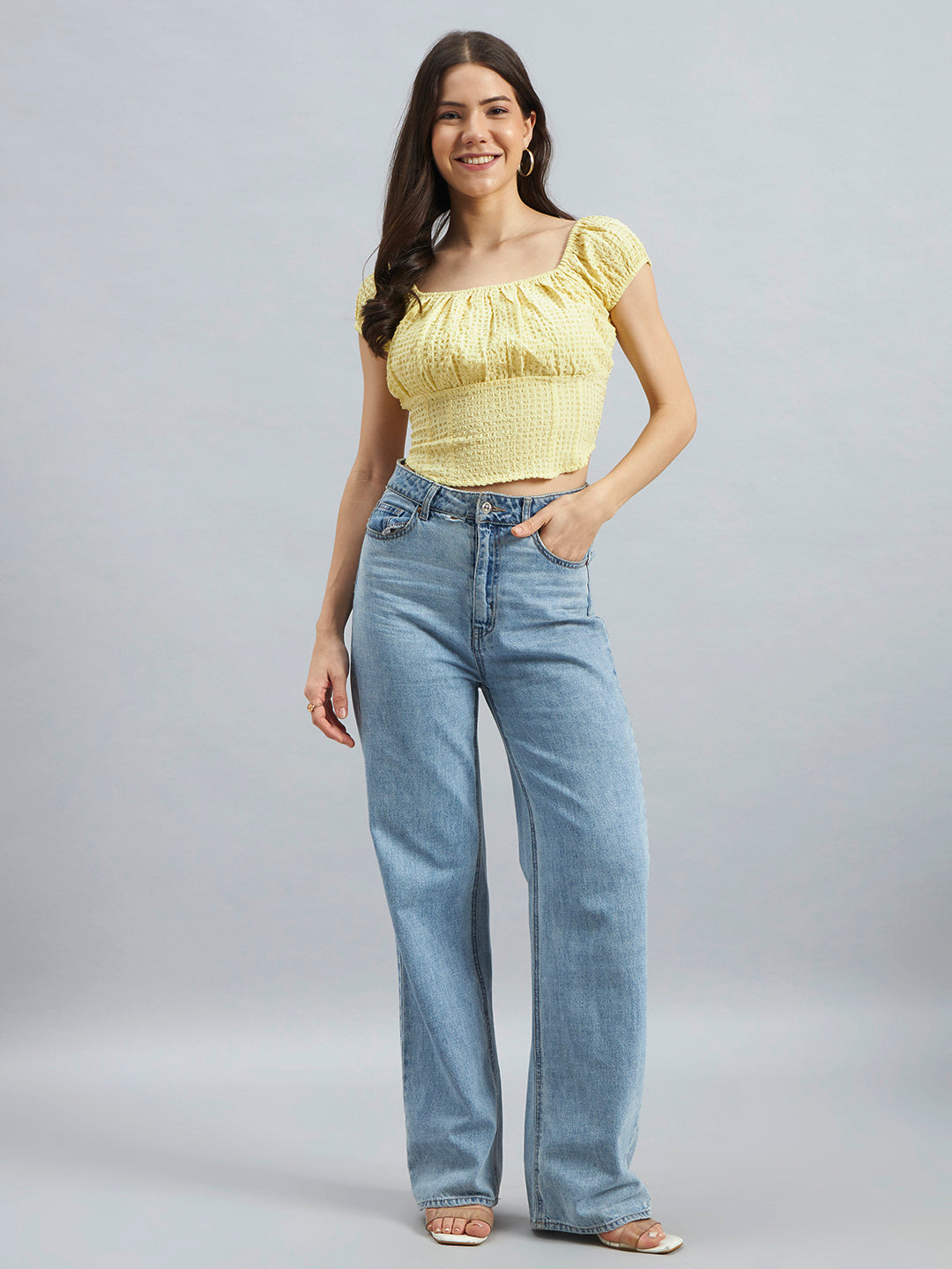 Yellow Smocked Square-Neck Crop Top in Poly Crepe