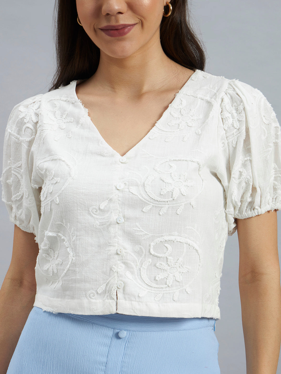White Cotton Embroidered Crop Top