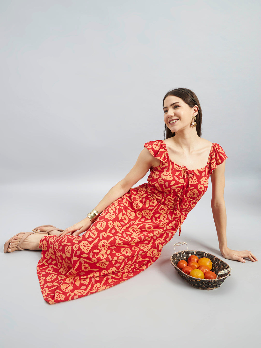 Red Floral Printed Viscose Sleeveless Midi Dress