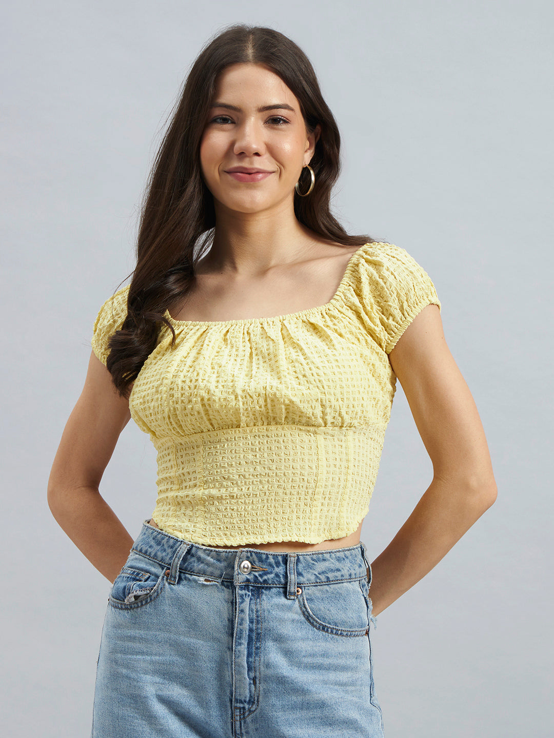 Yellow Smocked Square-Neck Crop Top in Poly Crepe