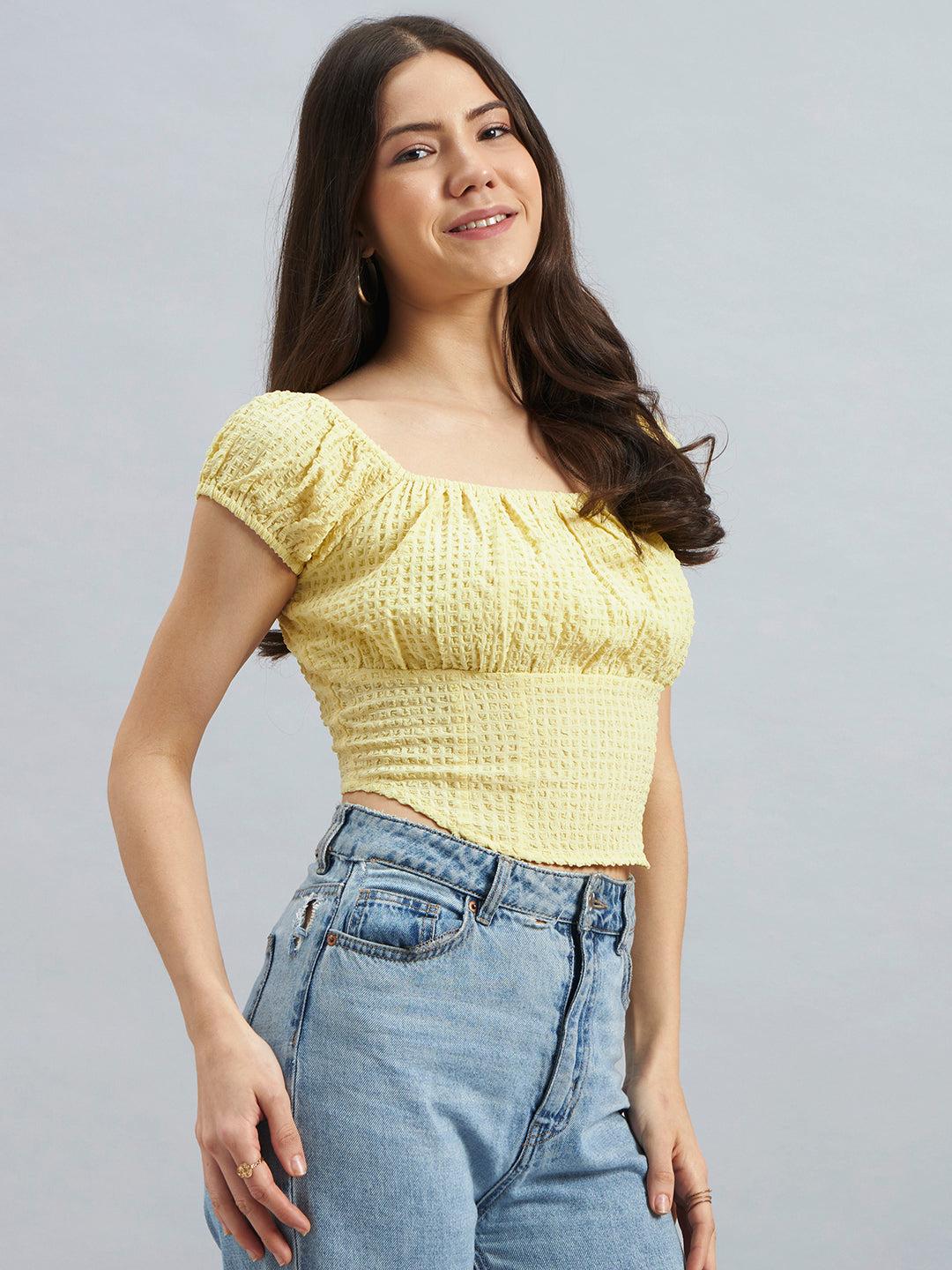 Yellow Smocked Square-Neck Crop Top in Poly Crepe
