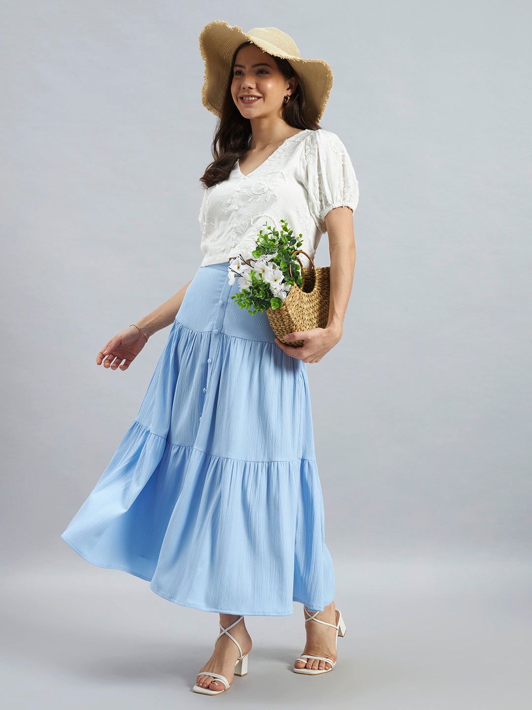 Sky Blue Solid Poly Lycra Tiered Midi Skirt
