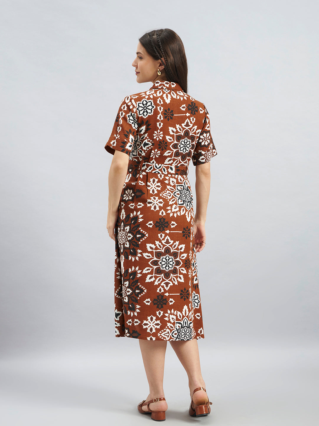 Tan Mandala Floral Printed Cotton Linen Dress With Belt – Midi Length