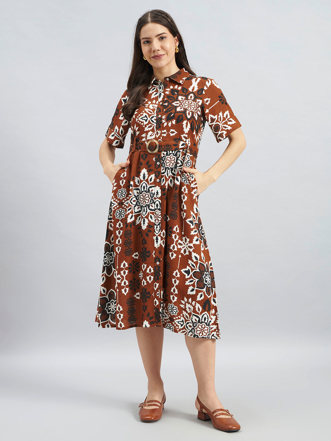 Tan Mandala Floral Printed Cotton Linen Dress With Belt – Midi Length
