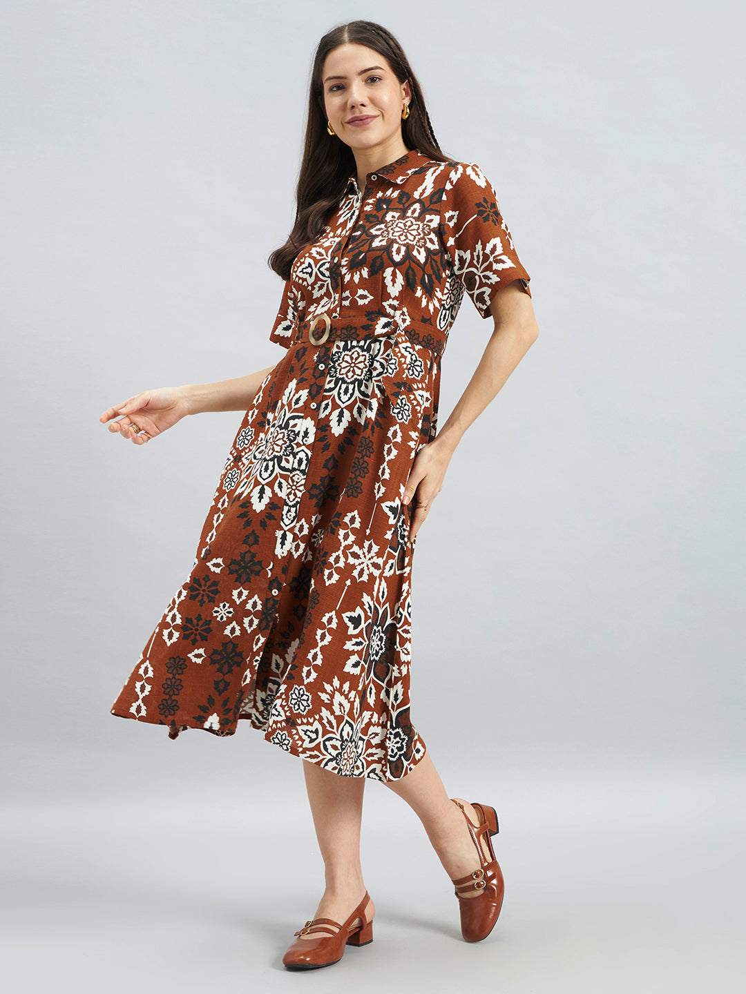 Tan Mandala Floral Printed Cotton Linen Dress With Belt – Midi Length