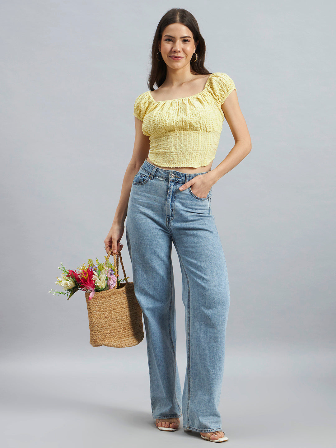 Yellow Smocked Square-Neck Crop Top in Poly Crepe