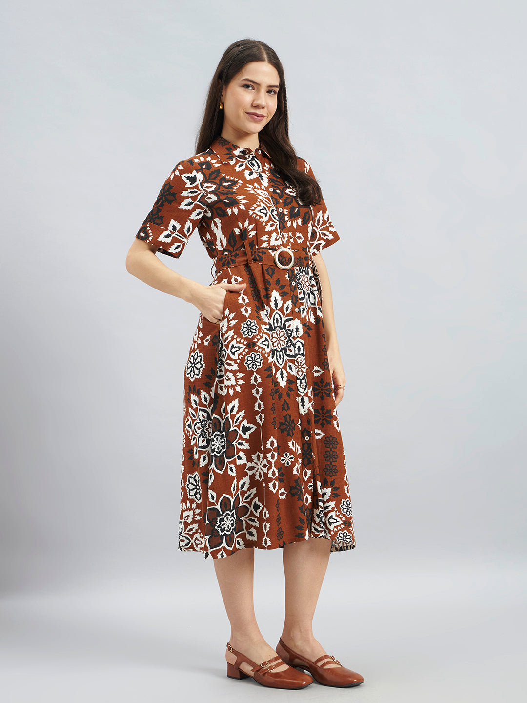 Tan Mandala Floral Printed Cotton Linen Dress With Belt – Midi Length
