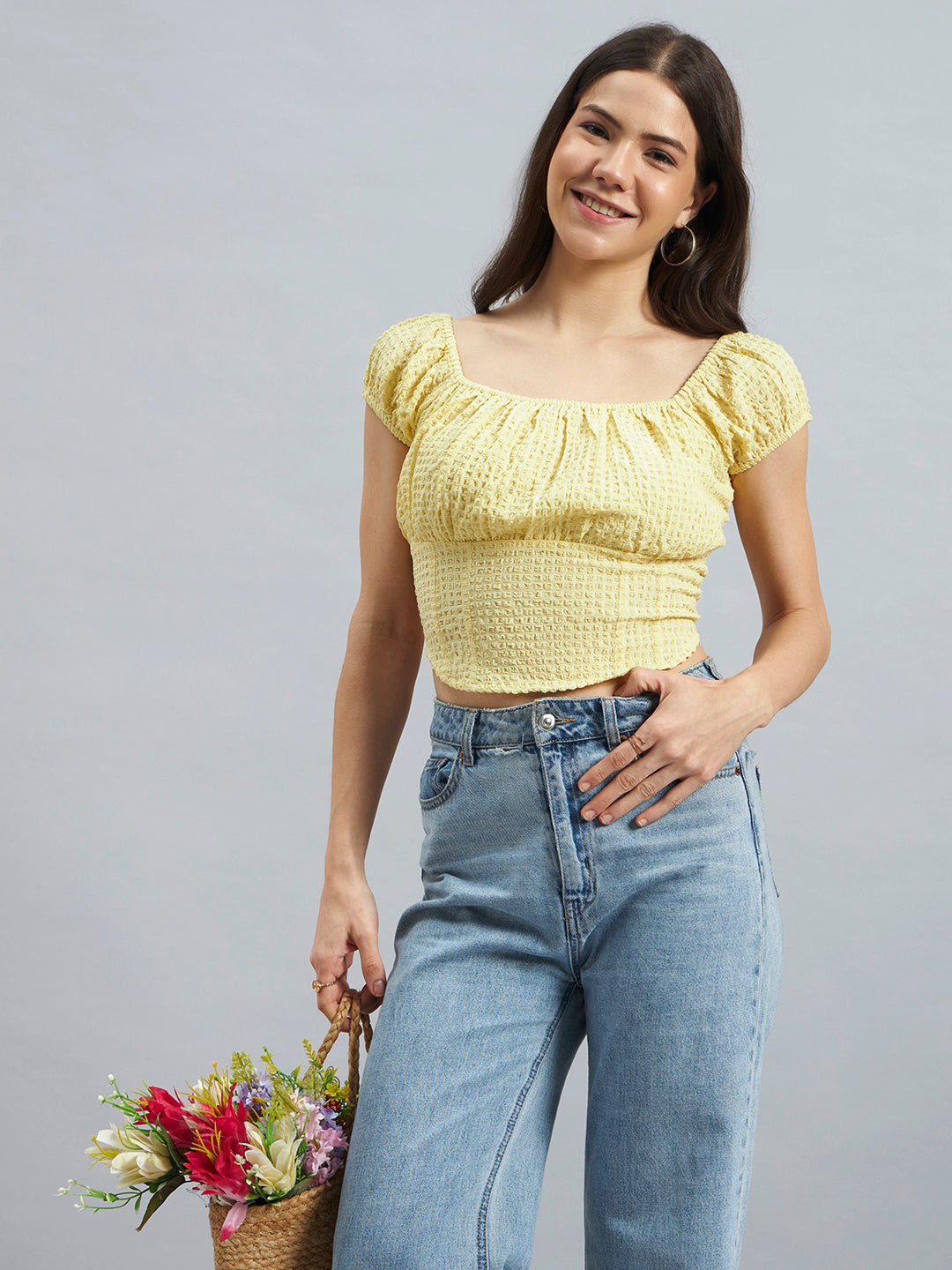 Yellow Smocked Square-Neck Crop Top in Poly Crepe