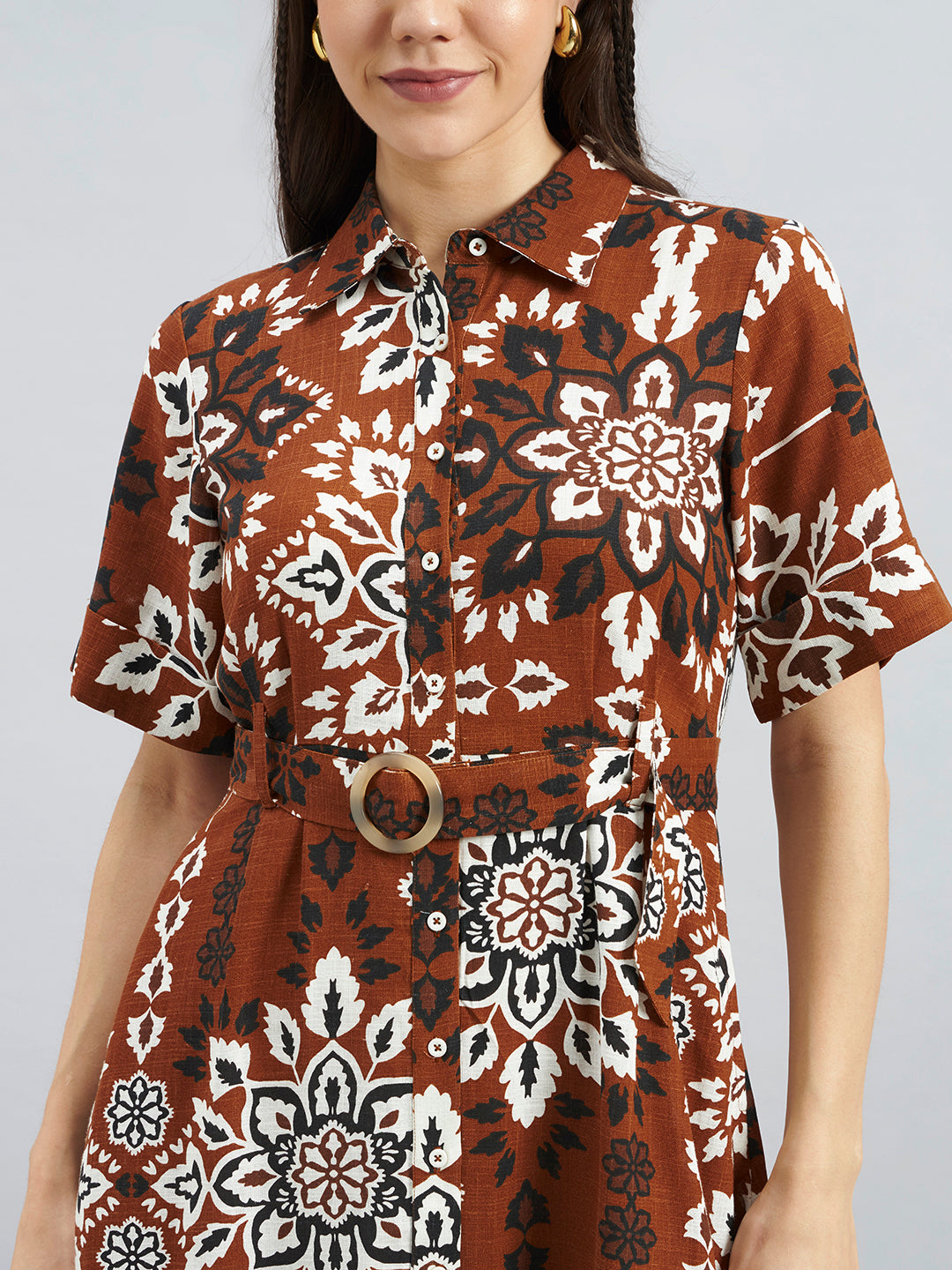 Tan Mandala Floral Printed Cotton Linen Dress With Belt – Midi Length