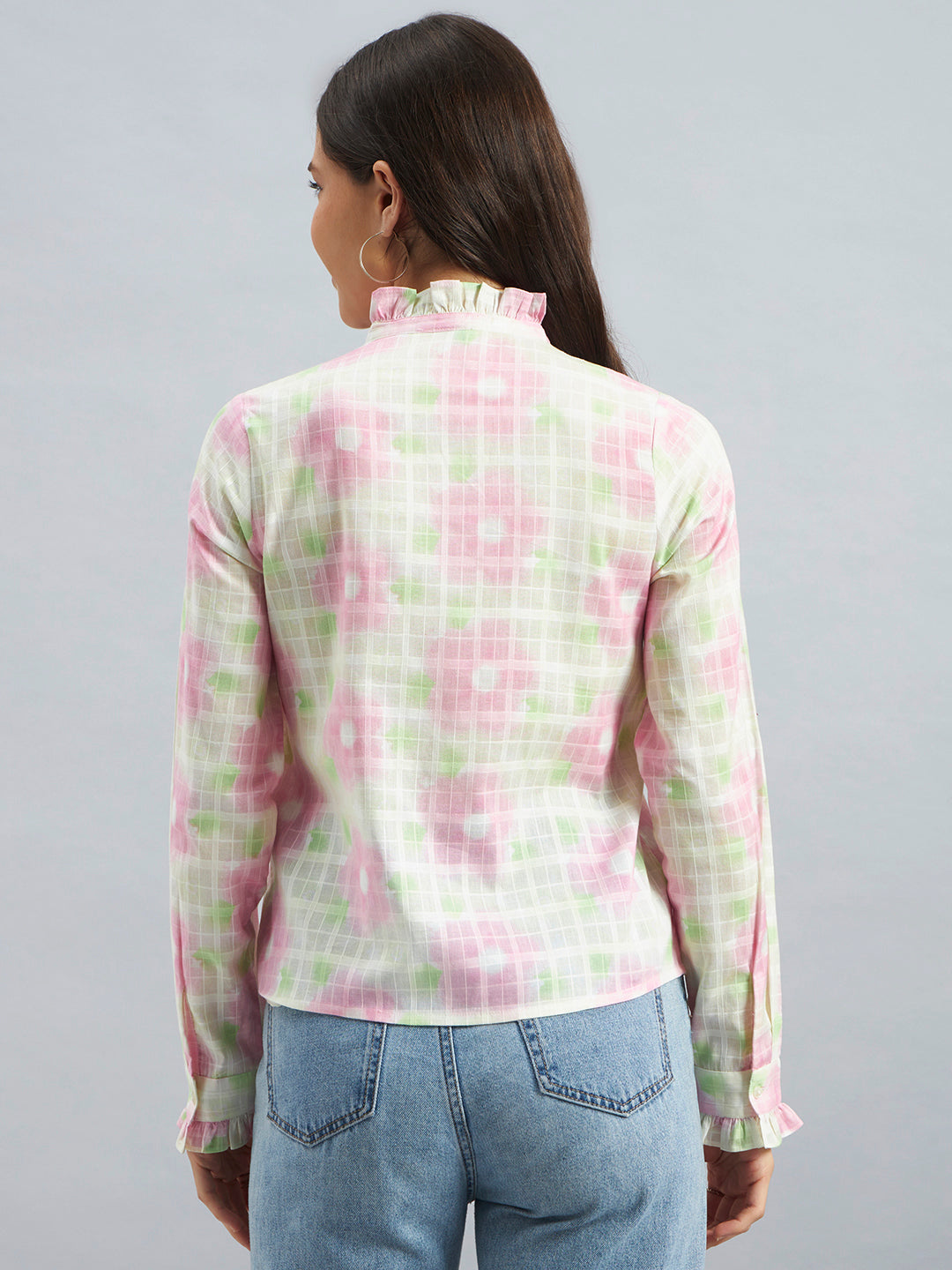 White Printed Textured Cotton Ruffle Neck Shirt