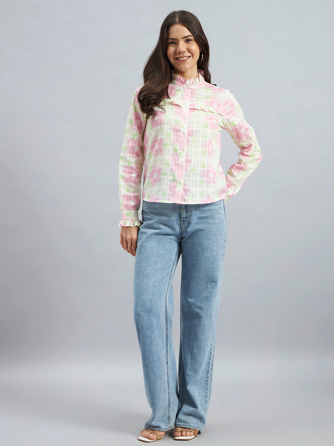 White Printed Textured Cotton Ruffle Neck Shirt