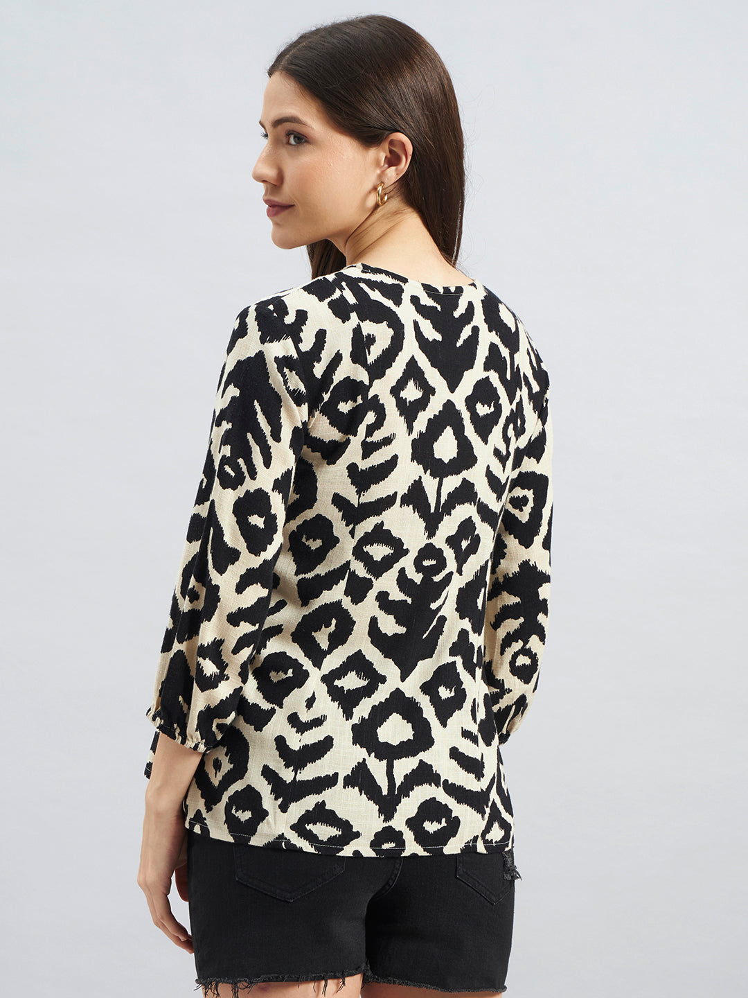 Women Beige & Black Animal Print V-Neck Top