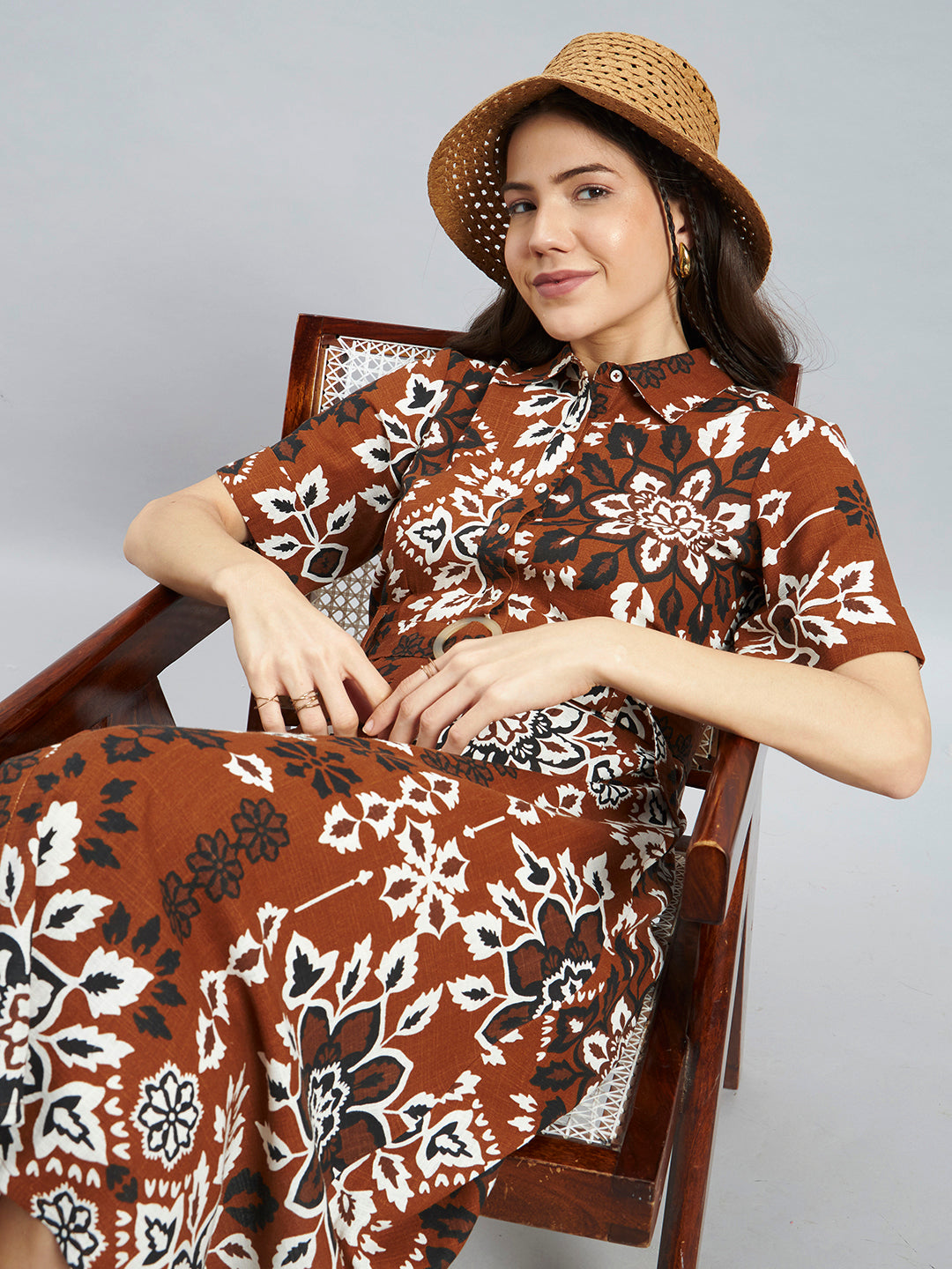 Tan Mandala Floral Printed Cotton Linen Dress With Belt – Midi Length
