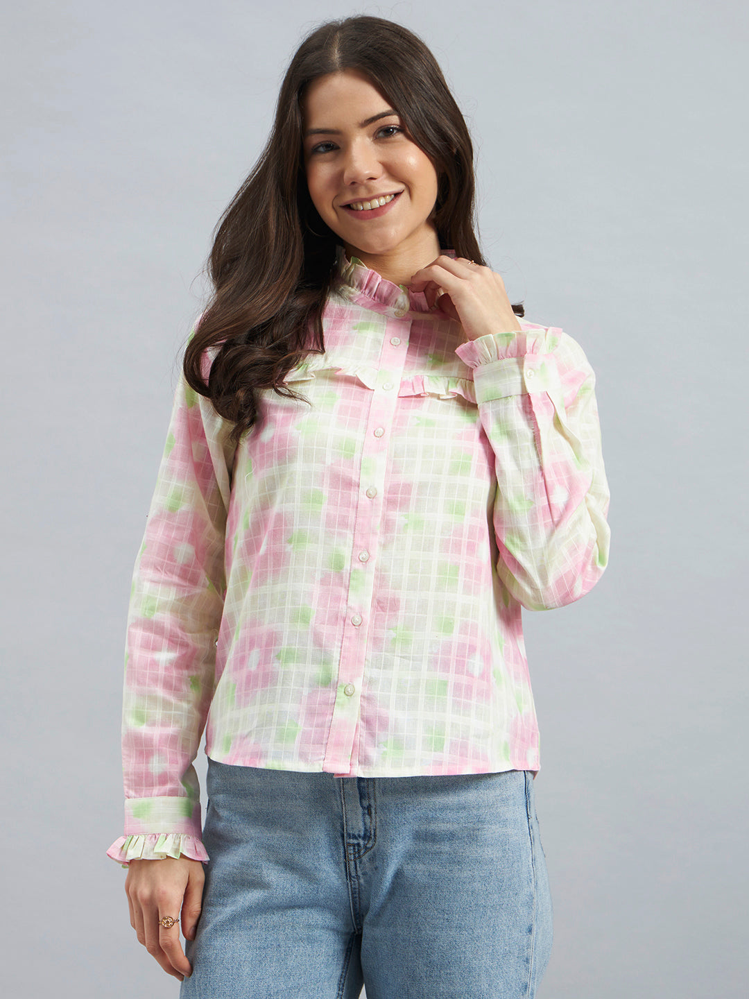 White Printed Textured Cotton Ruffle Neck Shirt