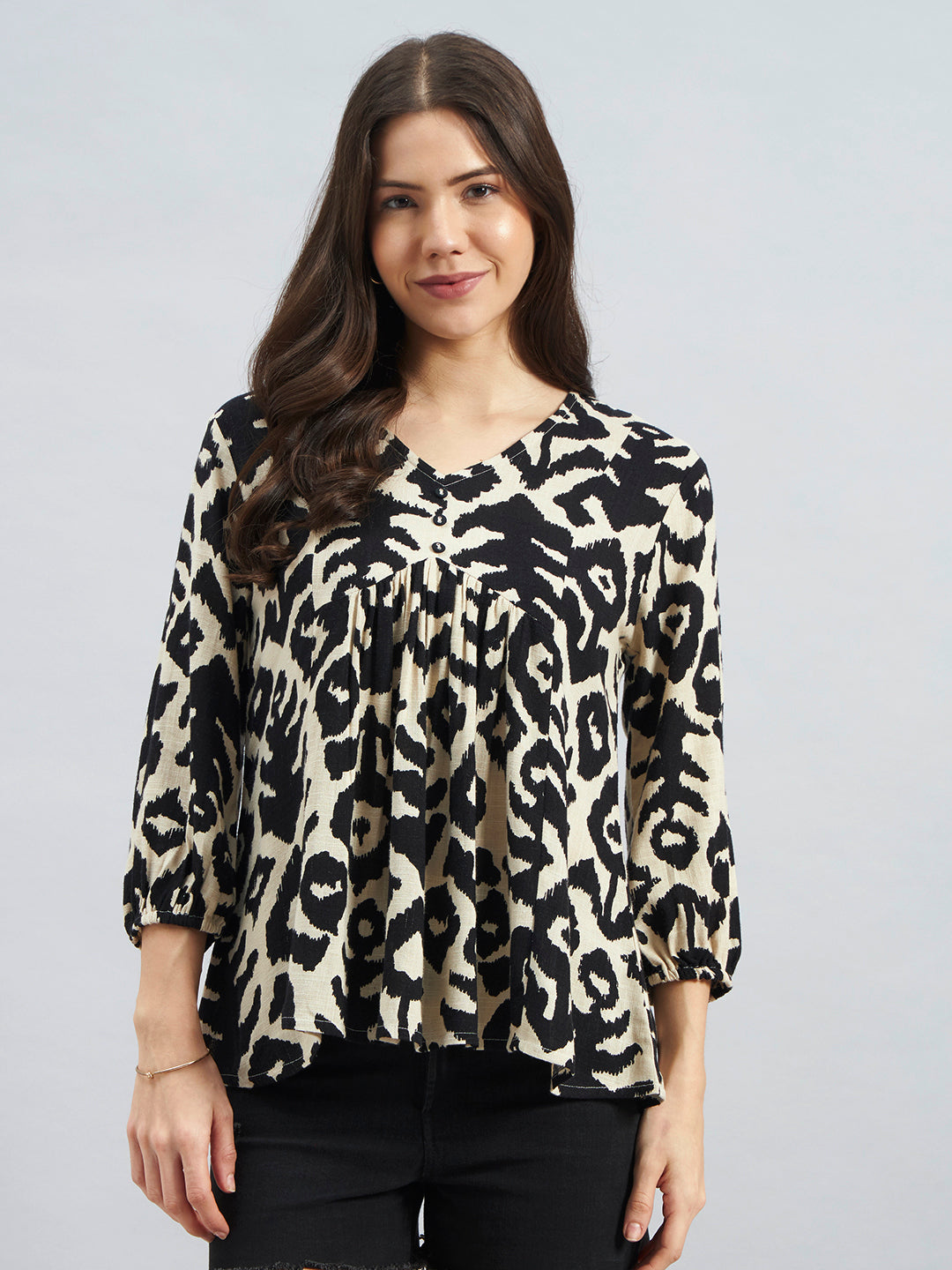 Women Beige & Black Animal Print V-Neck Top