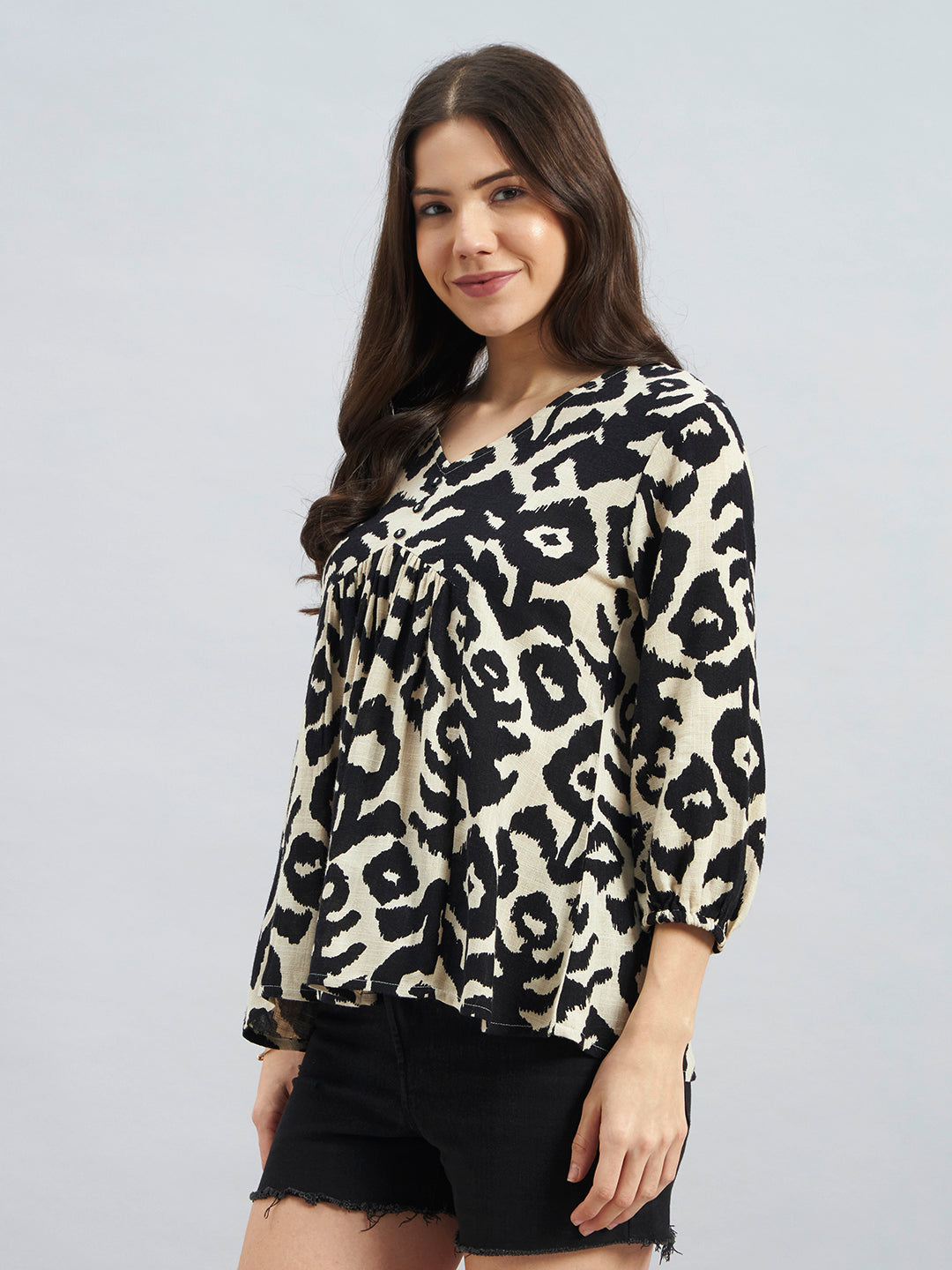 Women Beige & Black Animal Print V-Neck Top