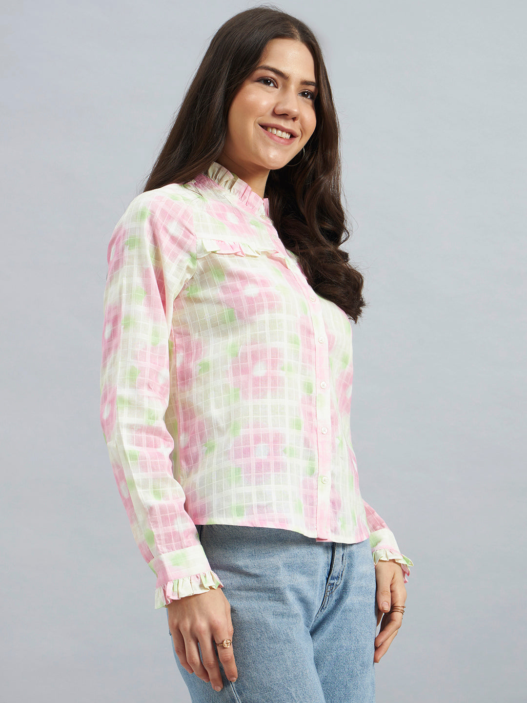 White Printed Textured Cotton Ruffle Neck Shirt