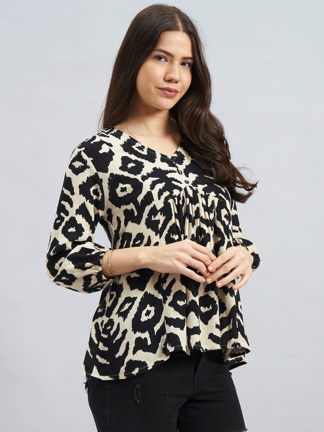 Women Beige & Black Animal Print V-Neck Top