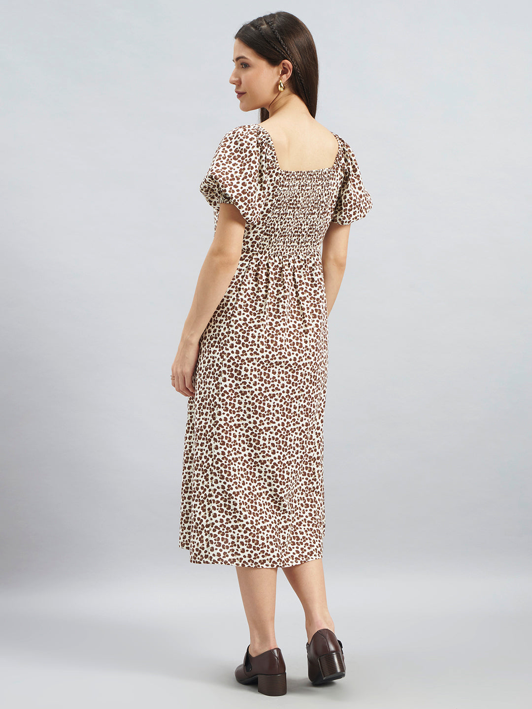 Brown Animal Print Puff Sleeve Cotton Midi Dress