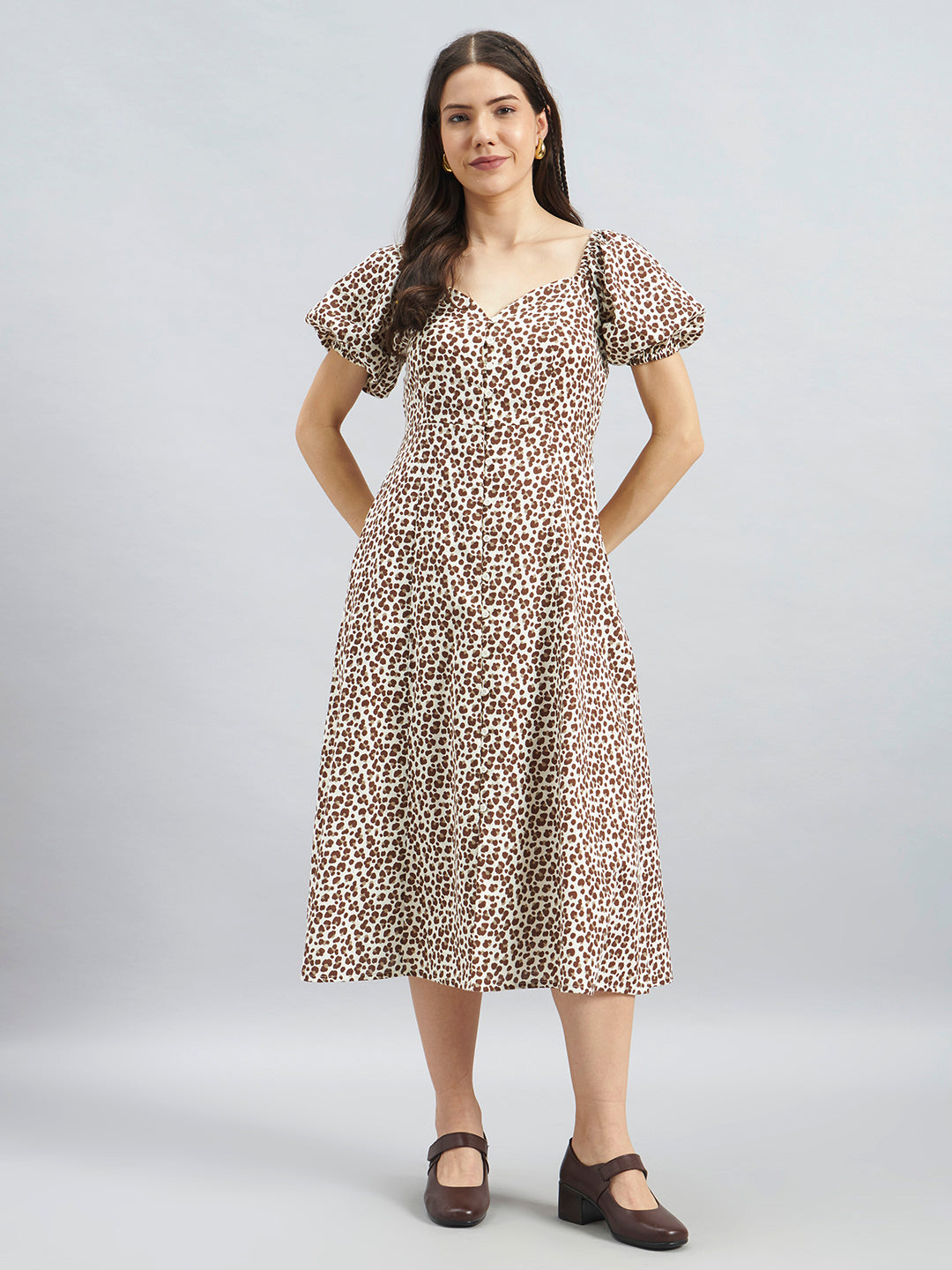 Brown Animal Print Puff Sleeve Cotton Midi Dress